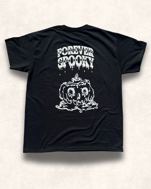 Black t-shirt with 'Forever Spooky' and pumpkin graphic on cream ink